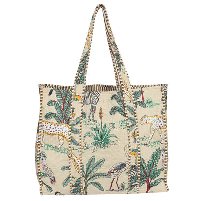 Handmade Quilted Tote Bag - Jungle Panther Off White