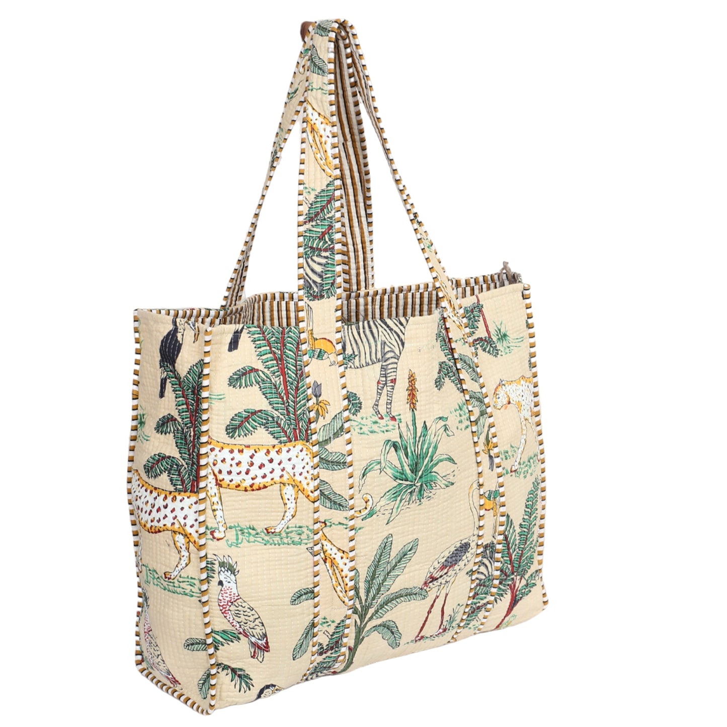 Handmade Quilted Tote Bag - Jungle Panther Off White