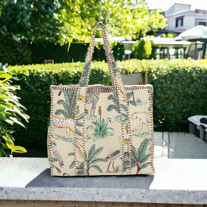 Handmade Quilted Tote Bag - Jungle Panther Off White