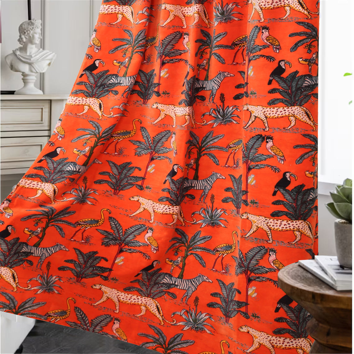 Jungle Print Velvet Fabric for Upholstery- Orange