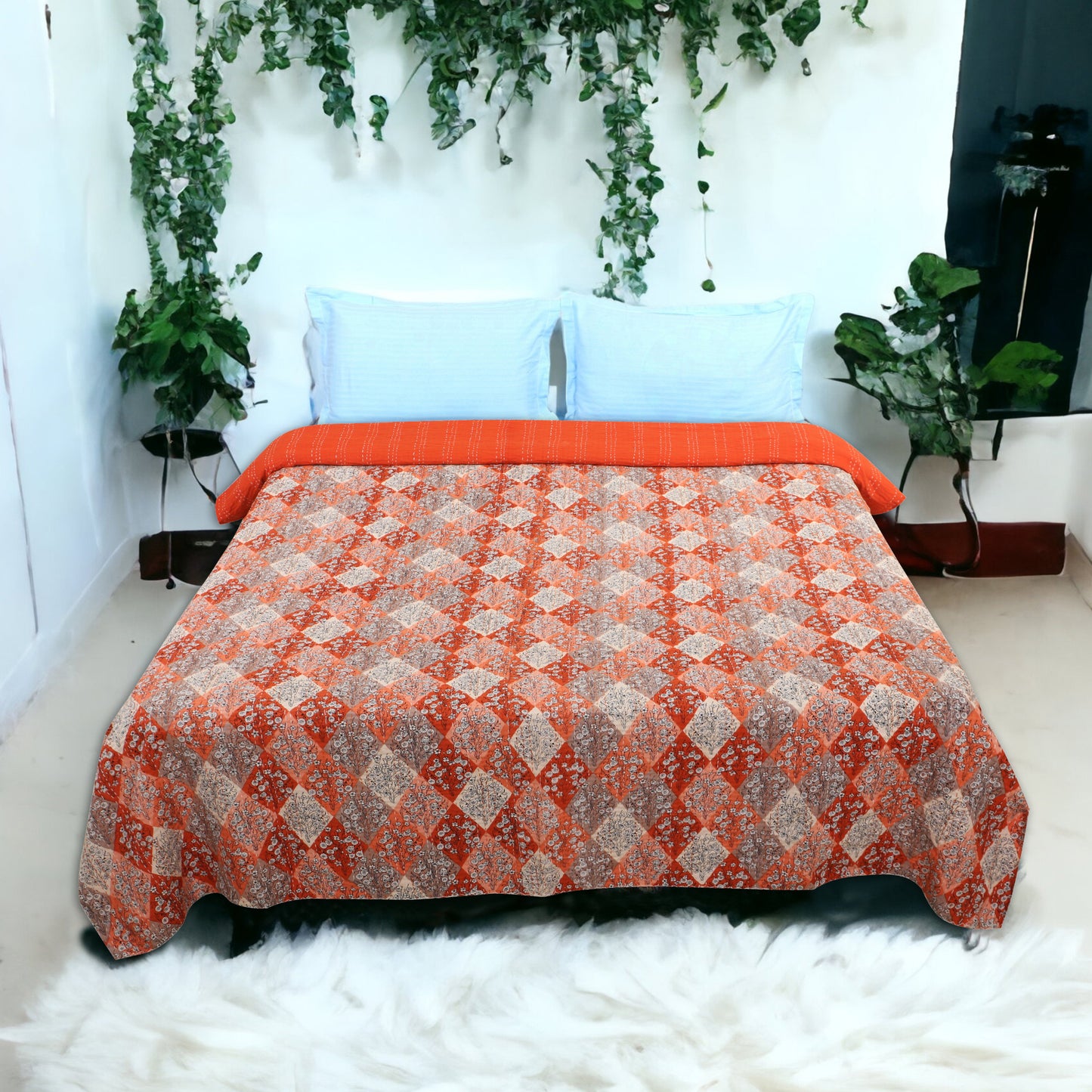 Hand Quilted Kantha Bedcover- Subtle Orange