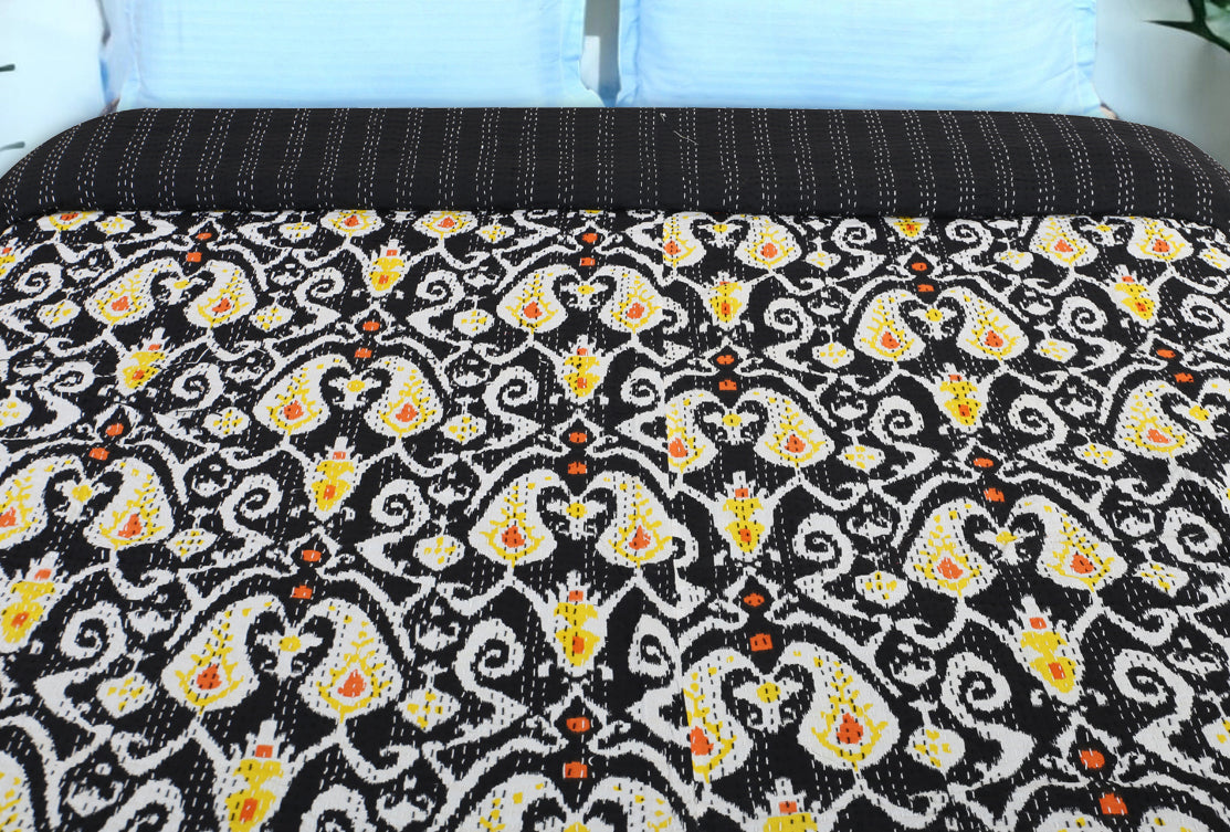 Hand Quilted Kantha Bedcover- Black and Yellow Ekat