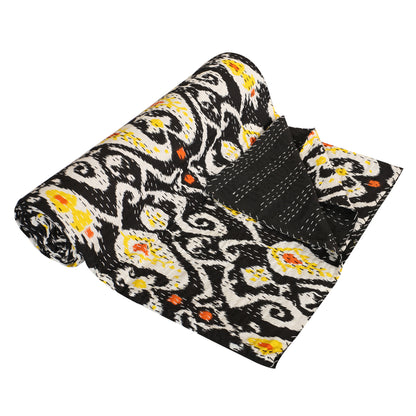 Hand Quilted Kantha Bedcover- Black and Yellow Ekat