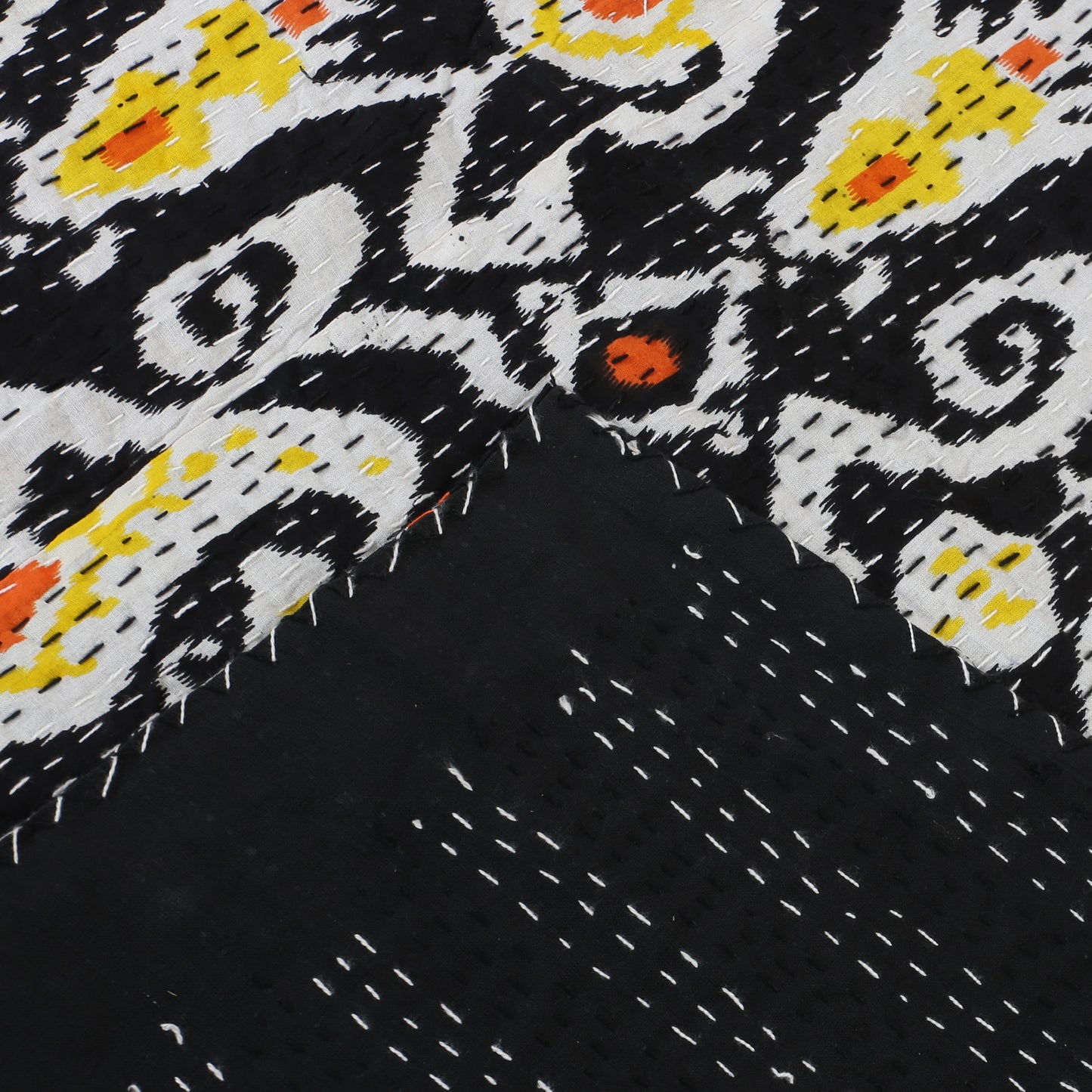 Hand Quilted Kantha Bedcover- Black and Yellow Ekat