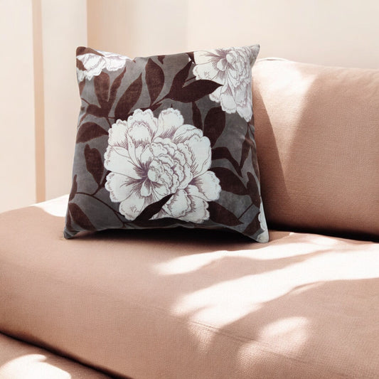 16" Brown Floral Velvet Cushion Cover/Throw Pillow- Sale