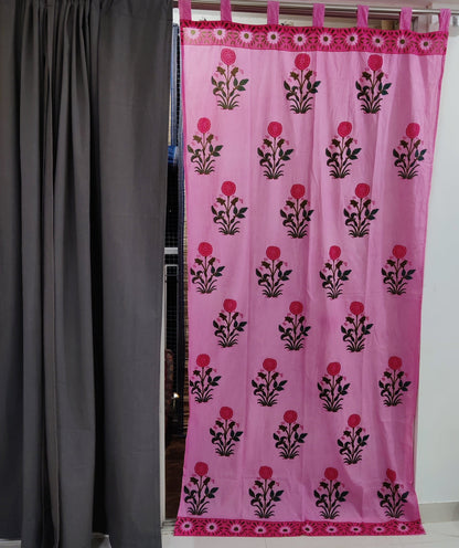 7 Feet Floral Blocks - Pink Red Curtain Pair-sale