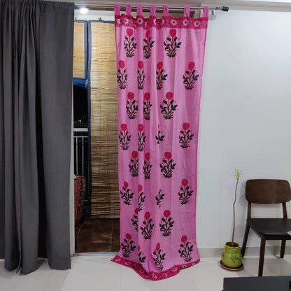 7 Feet Floral Blocks - Pink Red Curtain Pair-sale