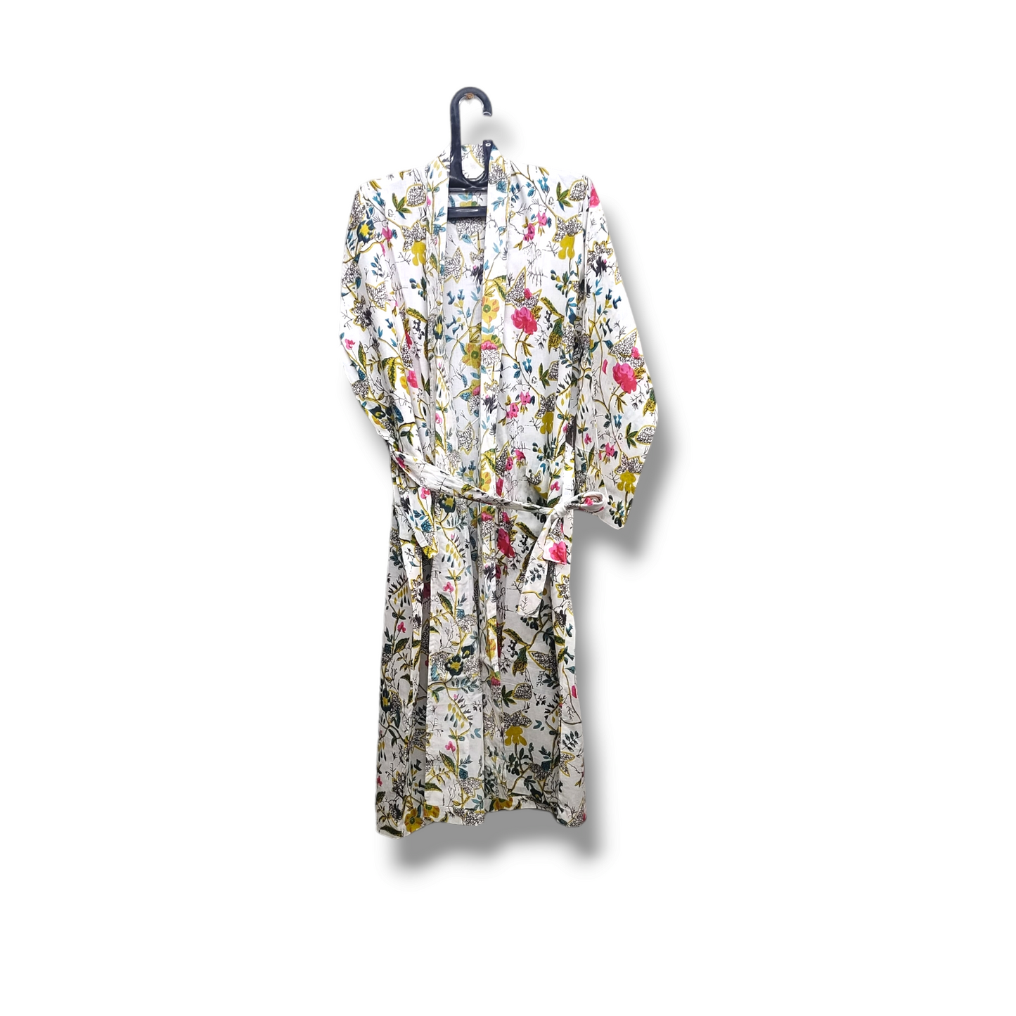 Cotton Hand Printed Kimono Robe Bird 2 White