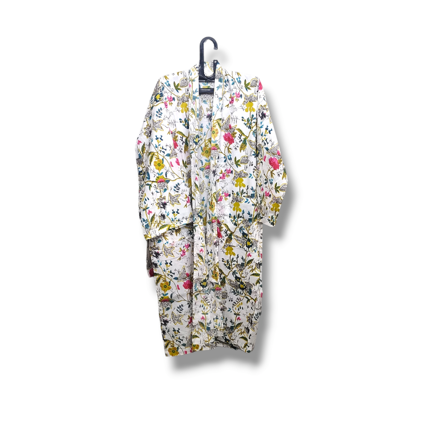 Cotton Hand Printed Kimono Robe Bird 2 White