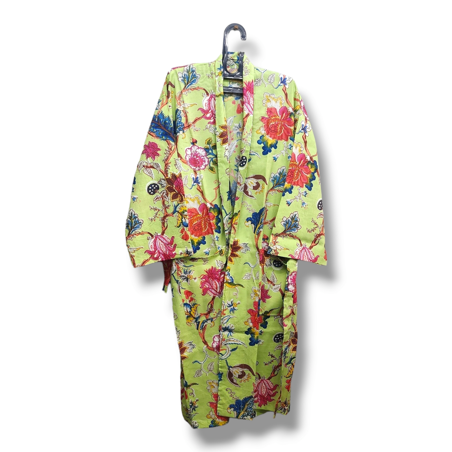 Cotton Hand Printed Kimono Robe Tree of life Lime Green