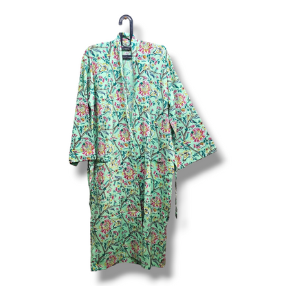 Cotton Hand Printed Kimono Robe Green Floral