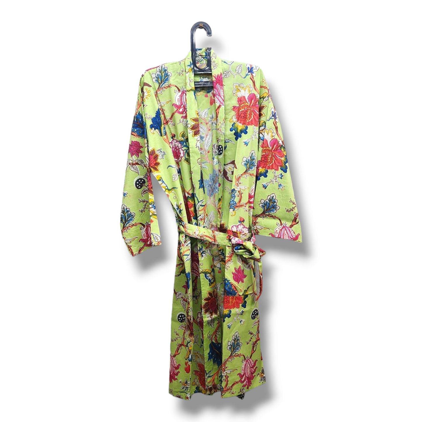 Cotton Hand Printed Kimono Robe Tree of life Lime Green