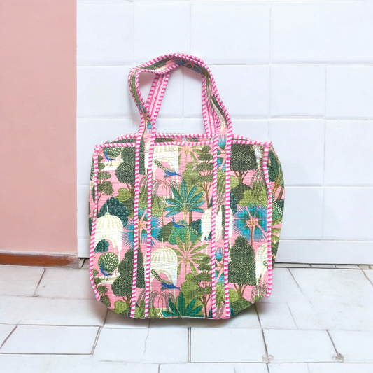 Quilted Tote Bag with zip - peacock pink