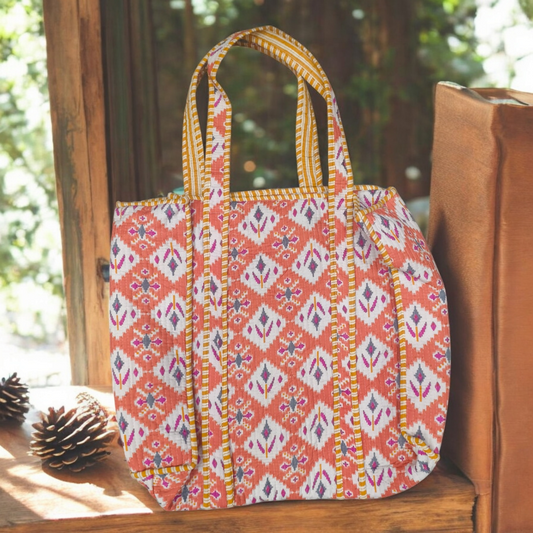 Quilted Tote Bag with zip- Rustic orange