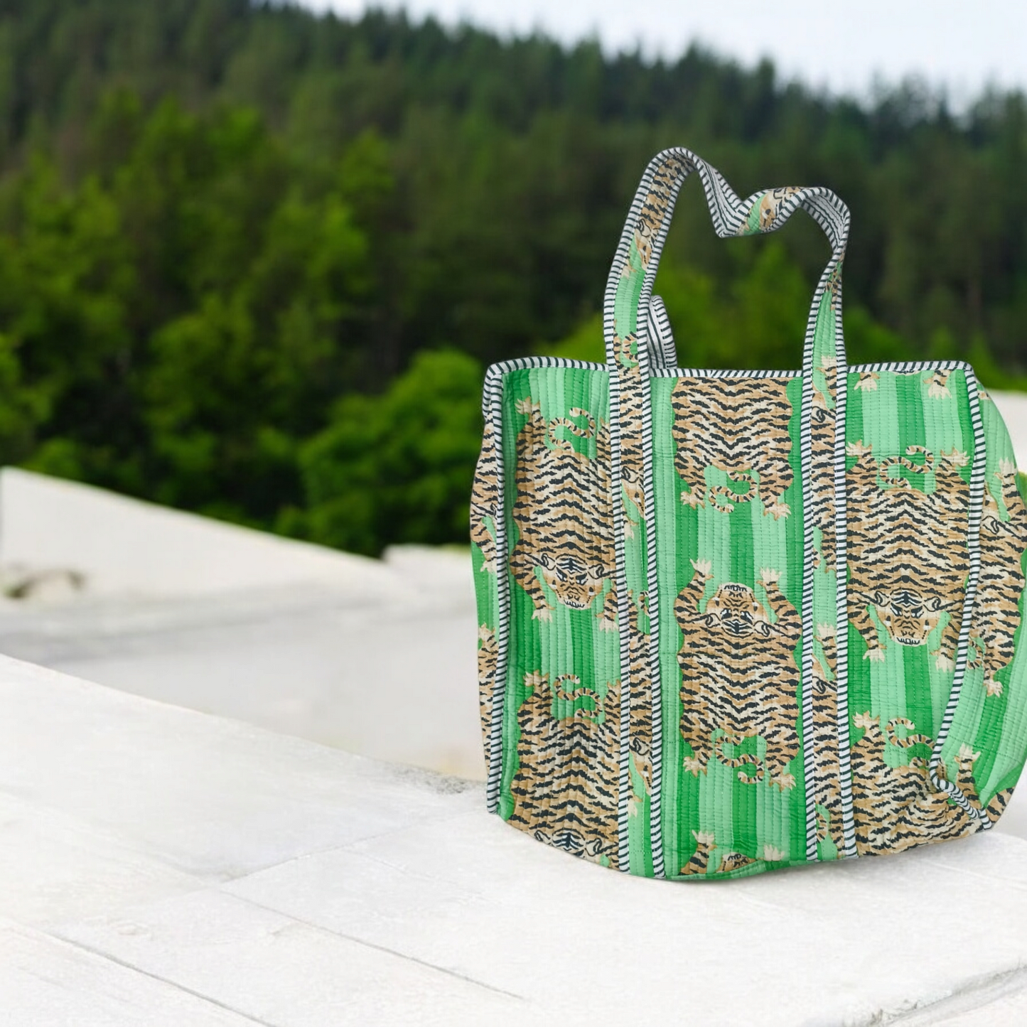 Quilted Tote Bag with zip- tiger green