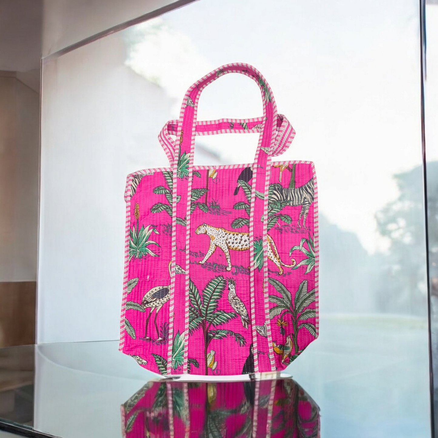 Quilted Tote Bag with zip- jungle panther pink