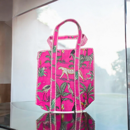 Quilted Tote Bag with zip- jungle panther pink