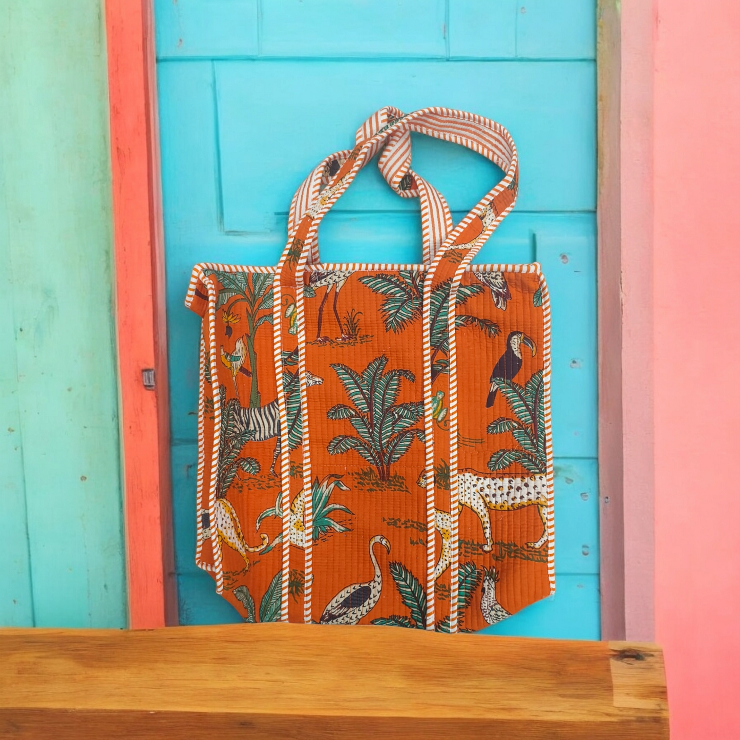 Quilted Tote Bag with zip- jungle panther orange