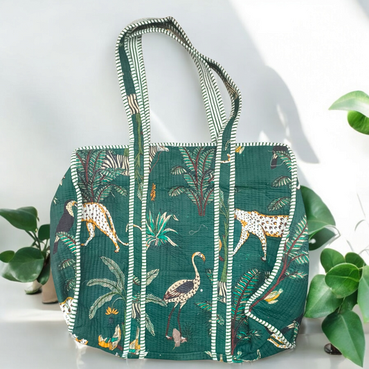 Quilted Tote Bag with zip- jungle panther green