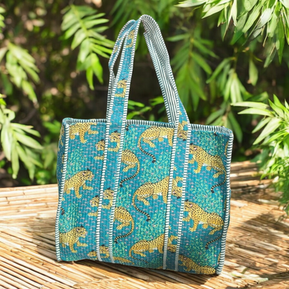 Handmade Quilted Tote Bag -leopard blue