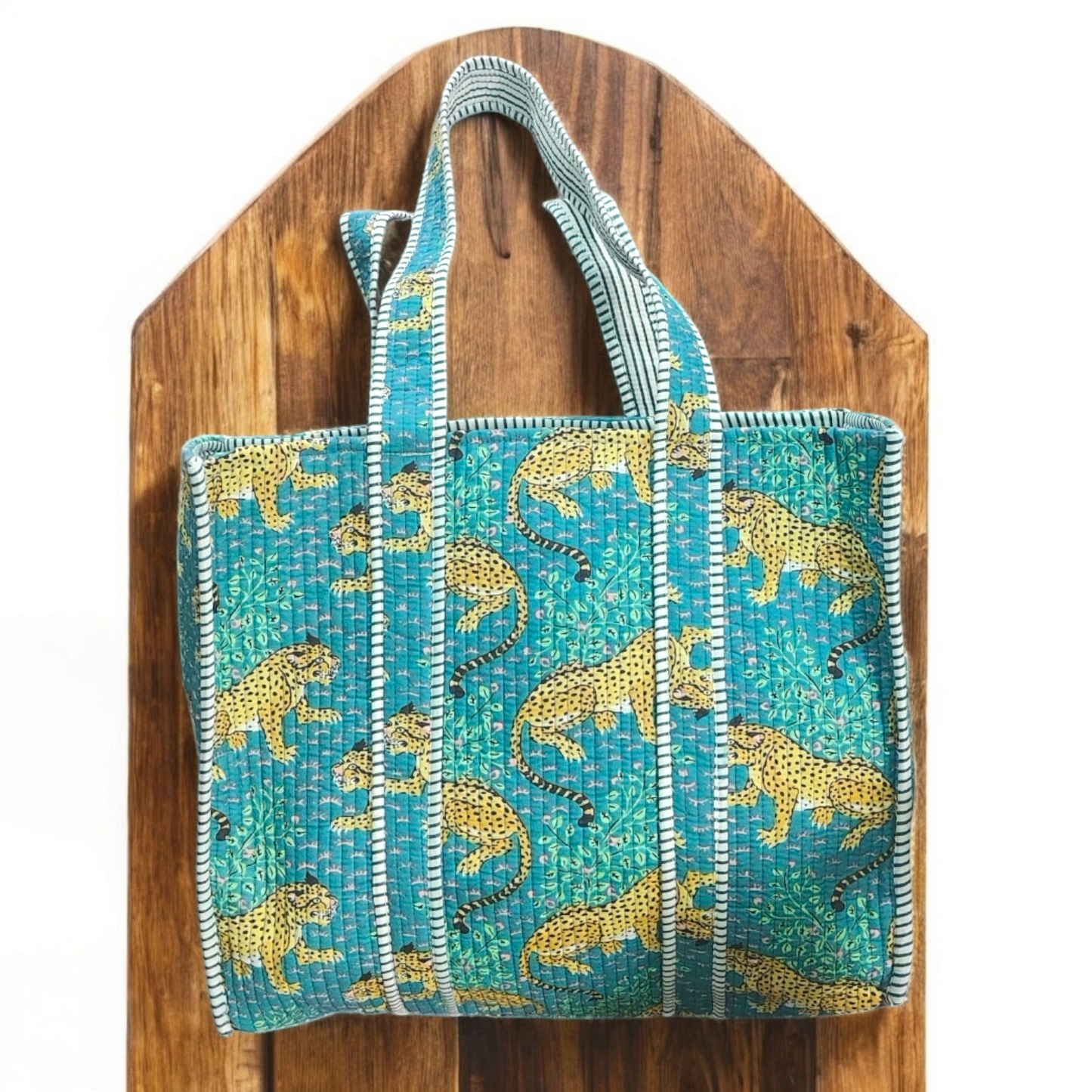 Handmade Quilted Tote Bag -leopard blue