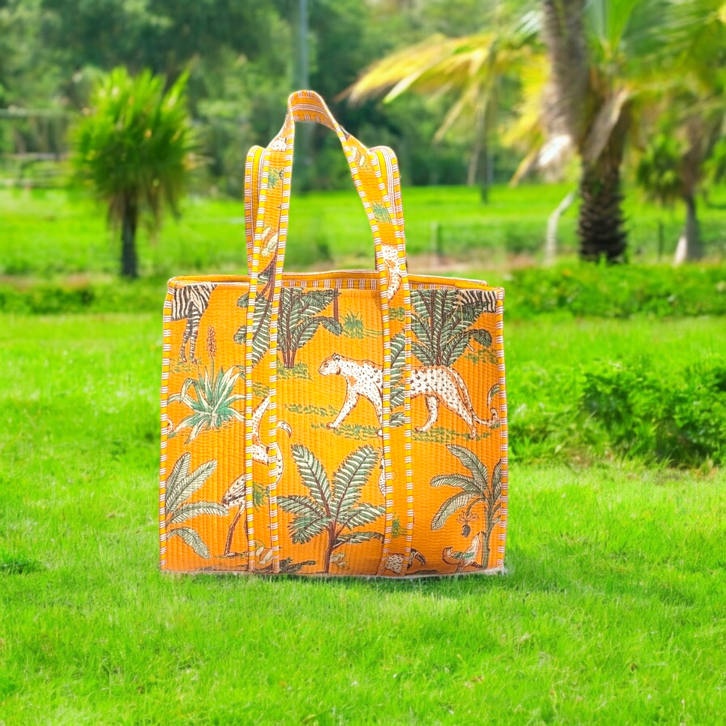 Handmade Quilted Tote Bag - Jungle Panther orange