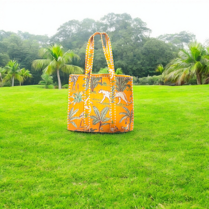 Handmade Quilted Tote Bag - Jungle Panther orange