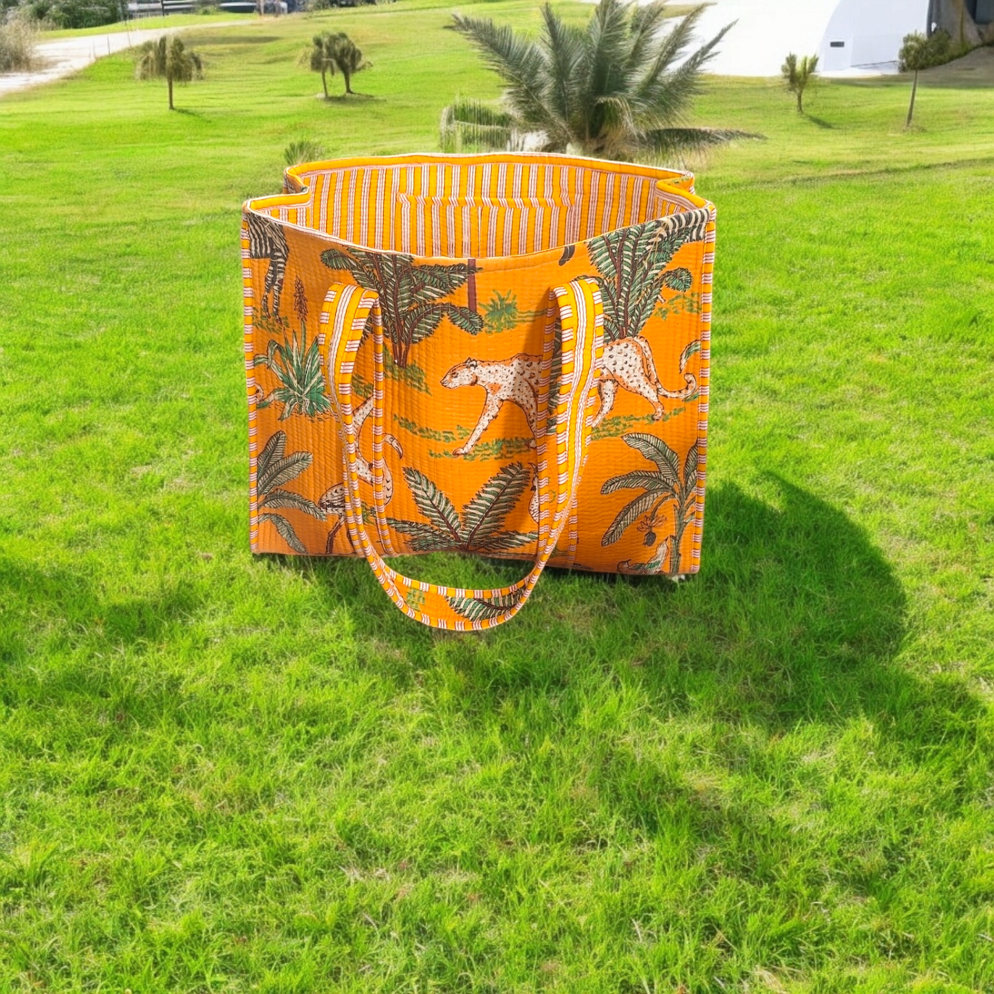 Handmade Quilted Tote Bag - Jungle Panther orange