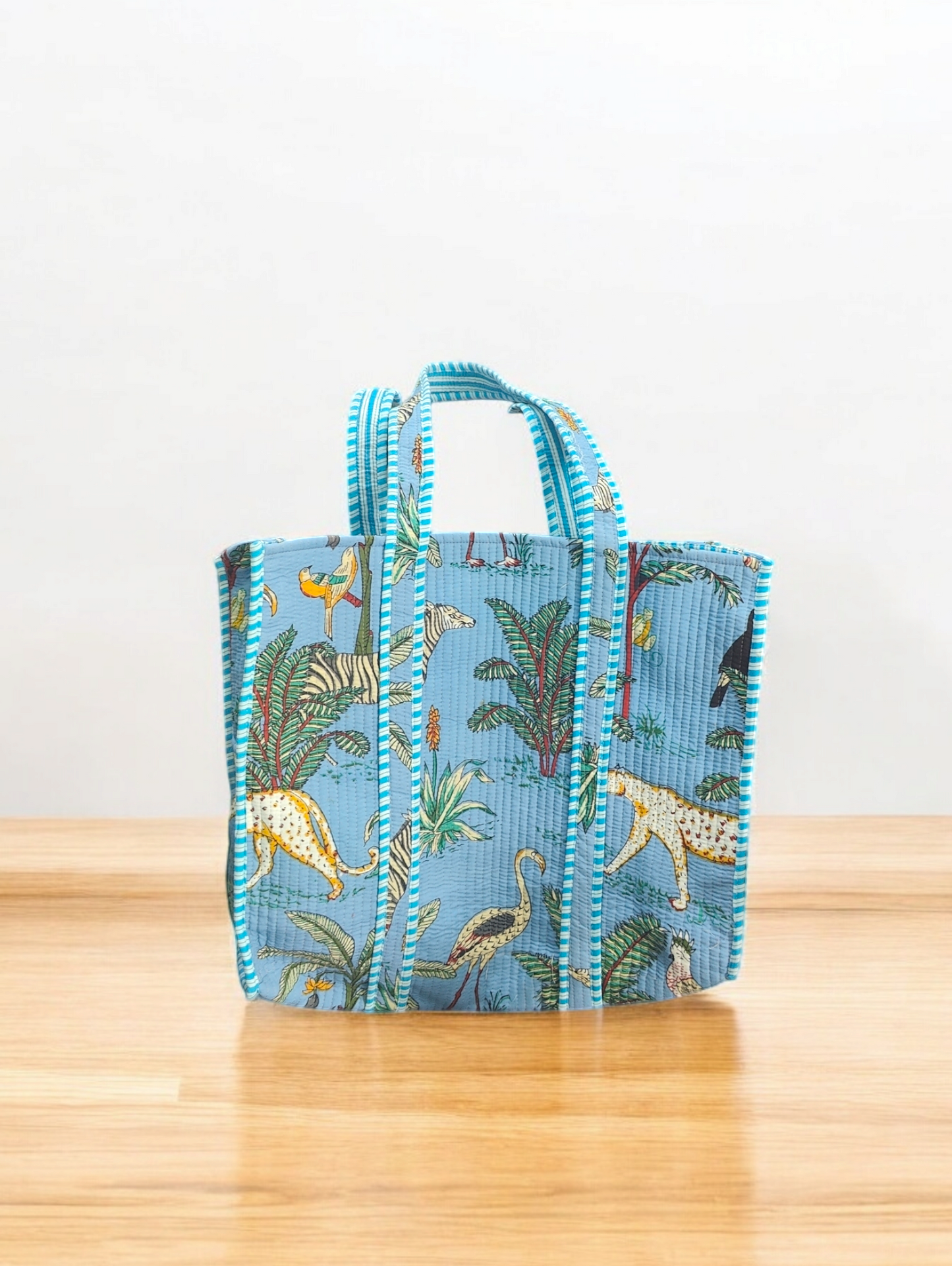 Handmade Quilted Tote Bag-jungle blue