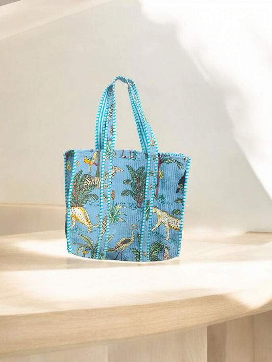 Handmade Quilted Tote Bag-jungle blue