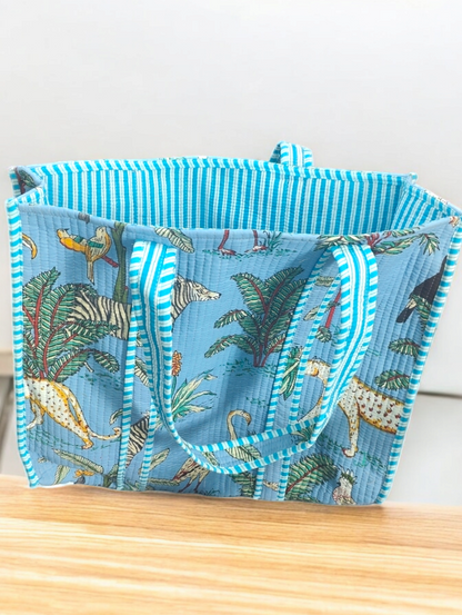 Handmade Quilted Tote Bag-jungle blue