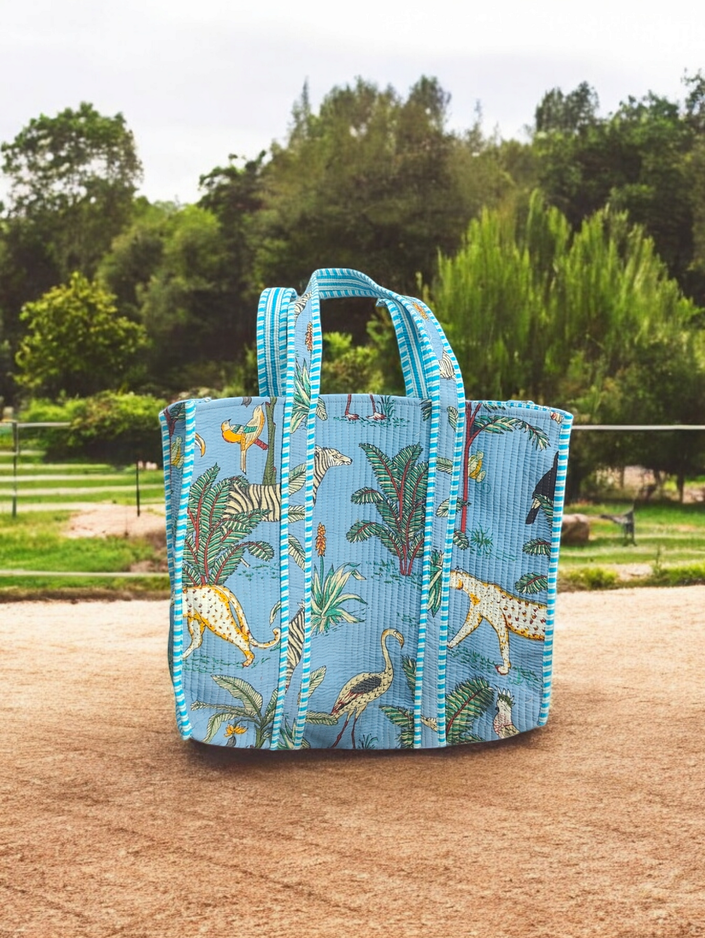 Handmade Quilted Tote Bag-jungle blue