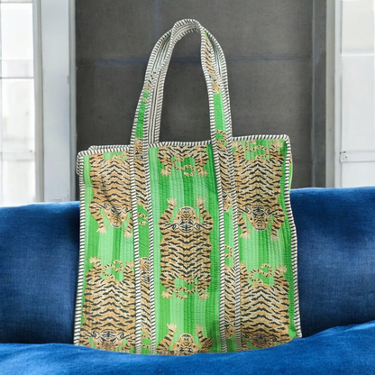 Quilted Tote Bag with zip- tiger green