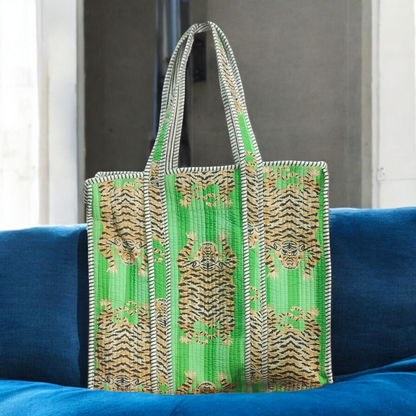 Quilted Tote Bag with zip- tiger green