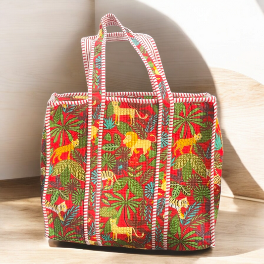 Quilted Tote Bag with zip -fiesty red