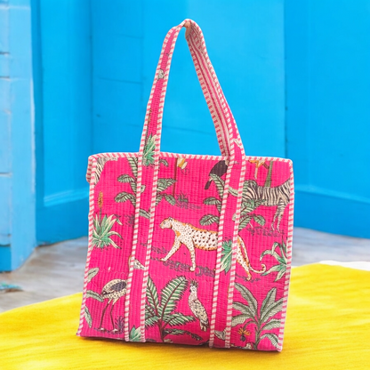 Quilted Tote Bag with zip- jungle panther pink