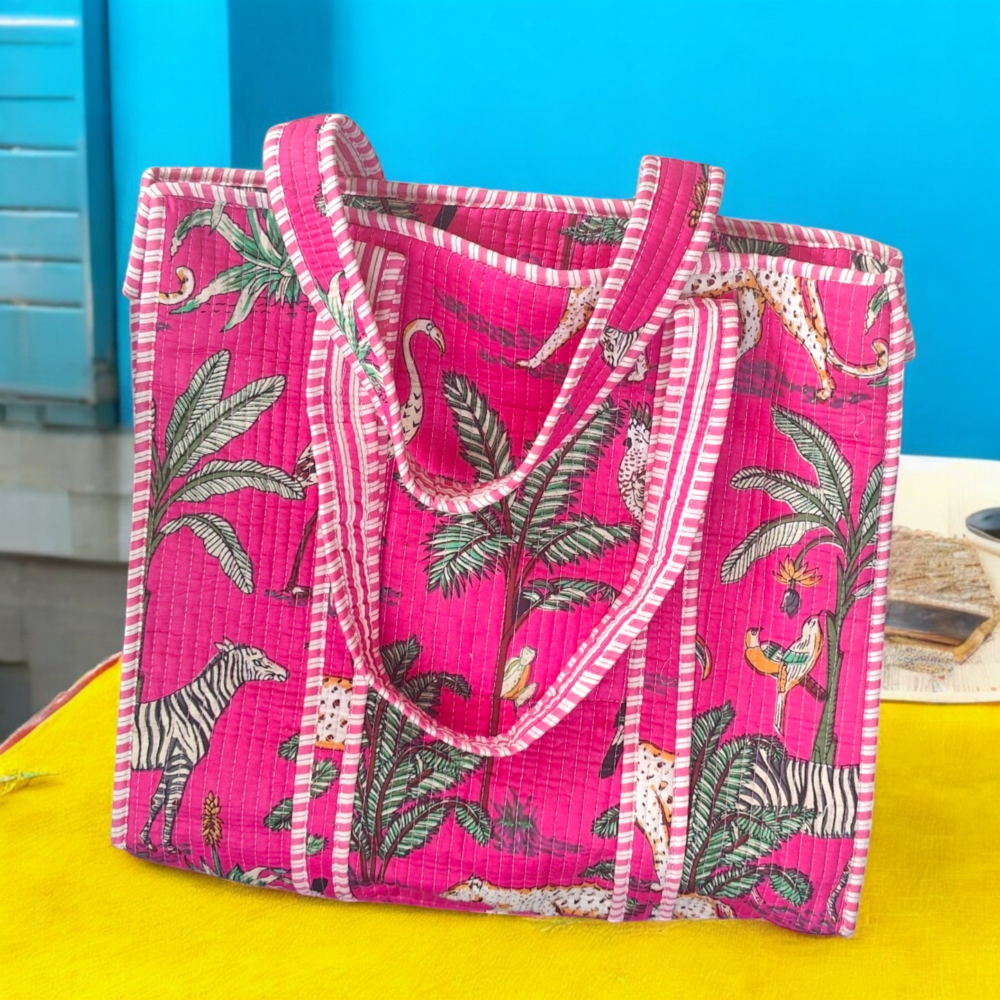 Quilted Tote Bag with zip- jungle panther pink