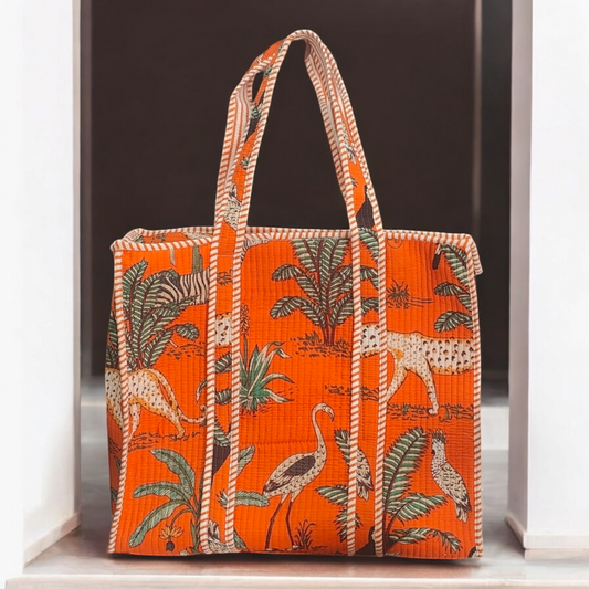 Quilted Tote Bag with zip- jungle panther orange