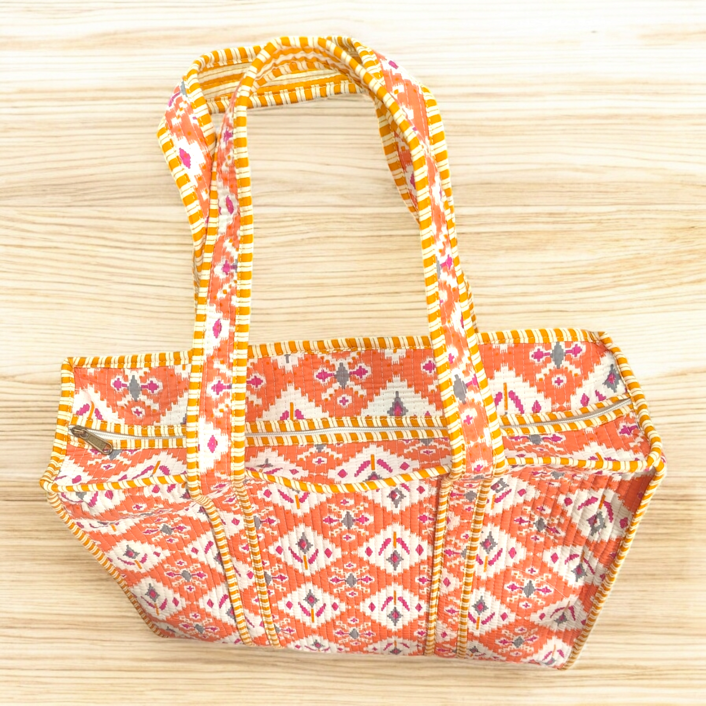 Quilted Tote Bag with zip- Rustic orange