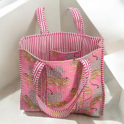 Handmade Quilted Tote bag - leopard pink