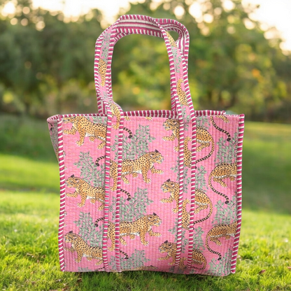 Handmade Quilted Tote bag - leopard pink