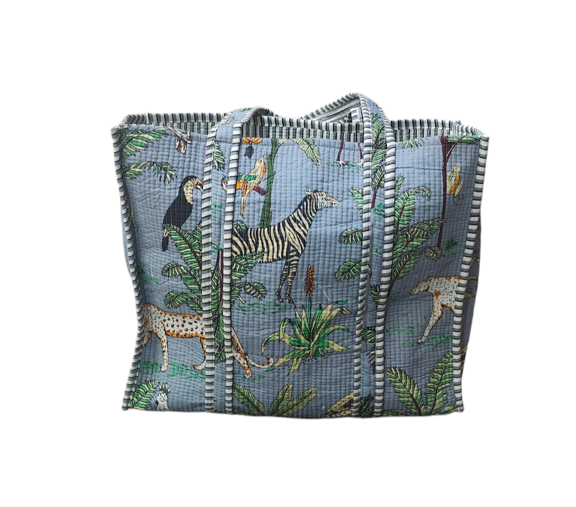 Handmade Quilted Tote Bag - Jungle Panther grey