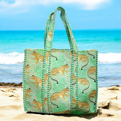 Handmade Quilted Tote Bag -leopard green