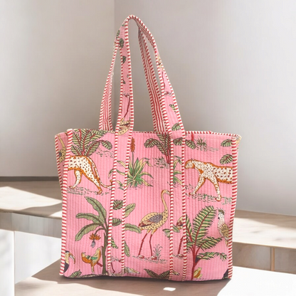 Handmade Quilted Tote Bag - Jungle Panther pink