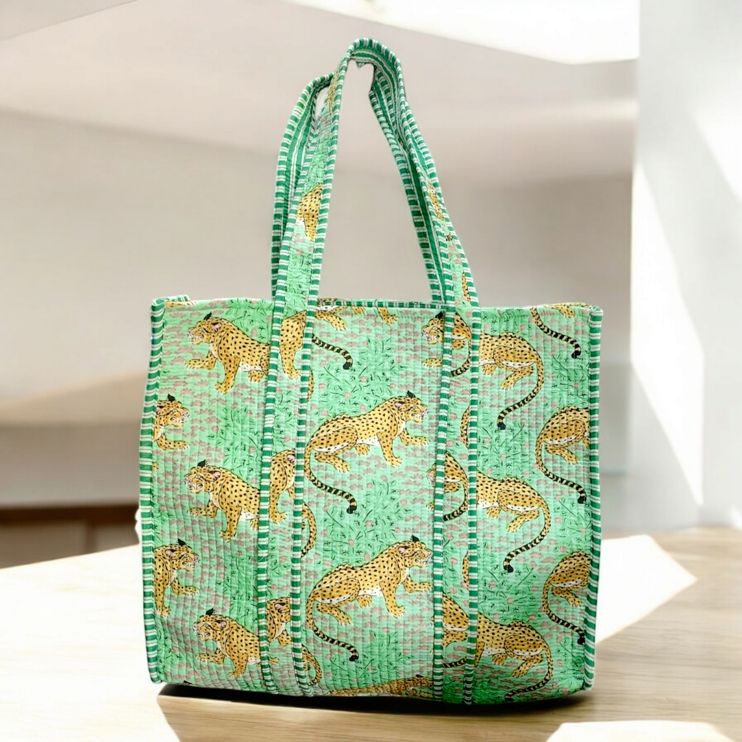 Handmade Quilted Tote Bag -leopard green