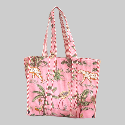 Handmade Quilted Tote Bag - Jungle Panther pink