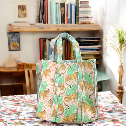 Handmade Quilted Tote Bag -leopard green and pink