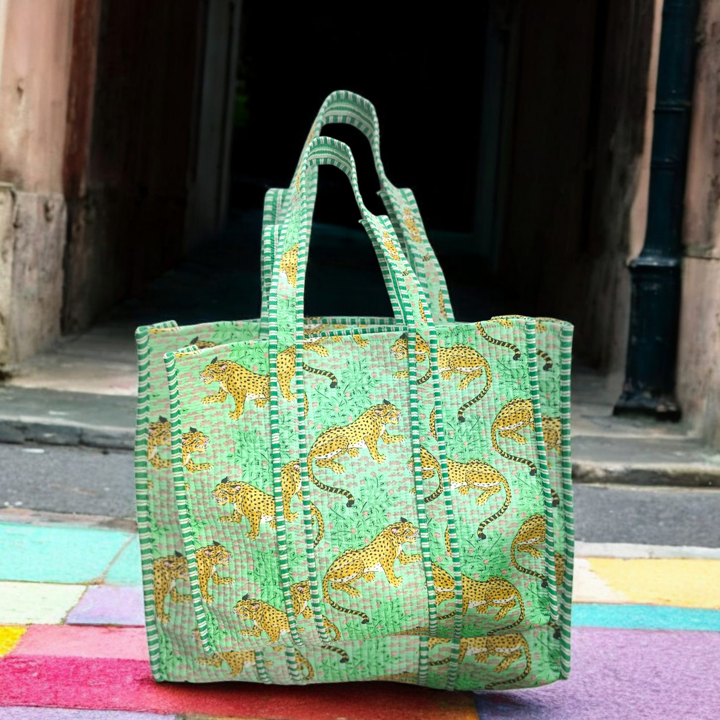 Handmade Quilted Tote Bag -leopard green