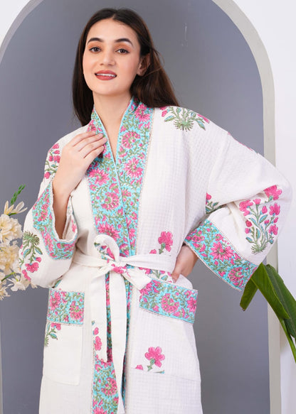 Waffle knit printed kimonos/ Robe/ Lounge Wear Pink and Blue floral