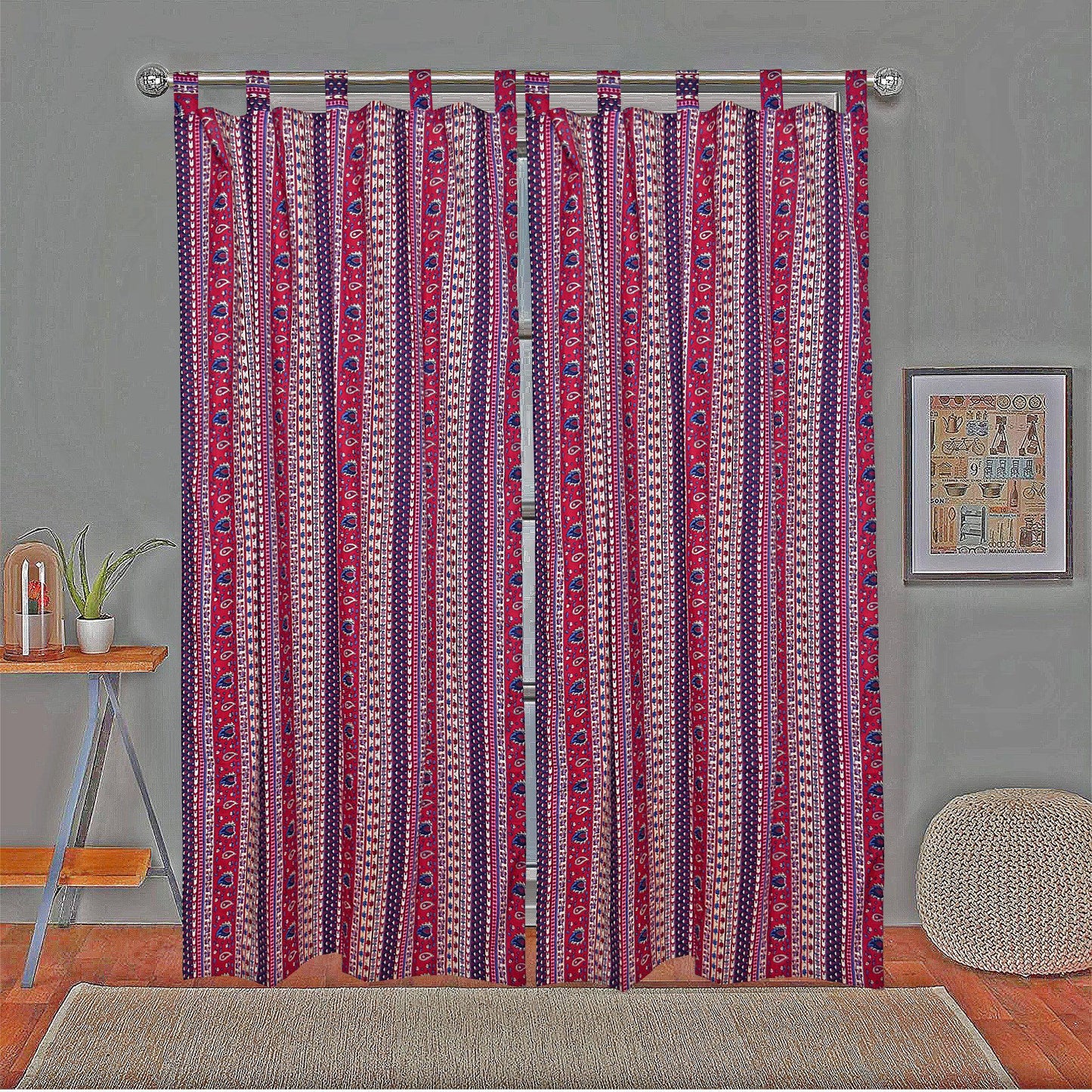 Border Print Camrik Pair of curtain- Maroon - The Teal Thread